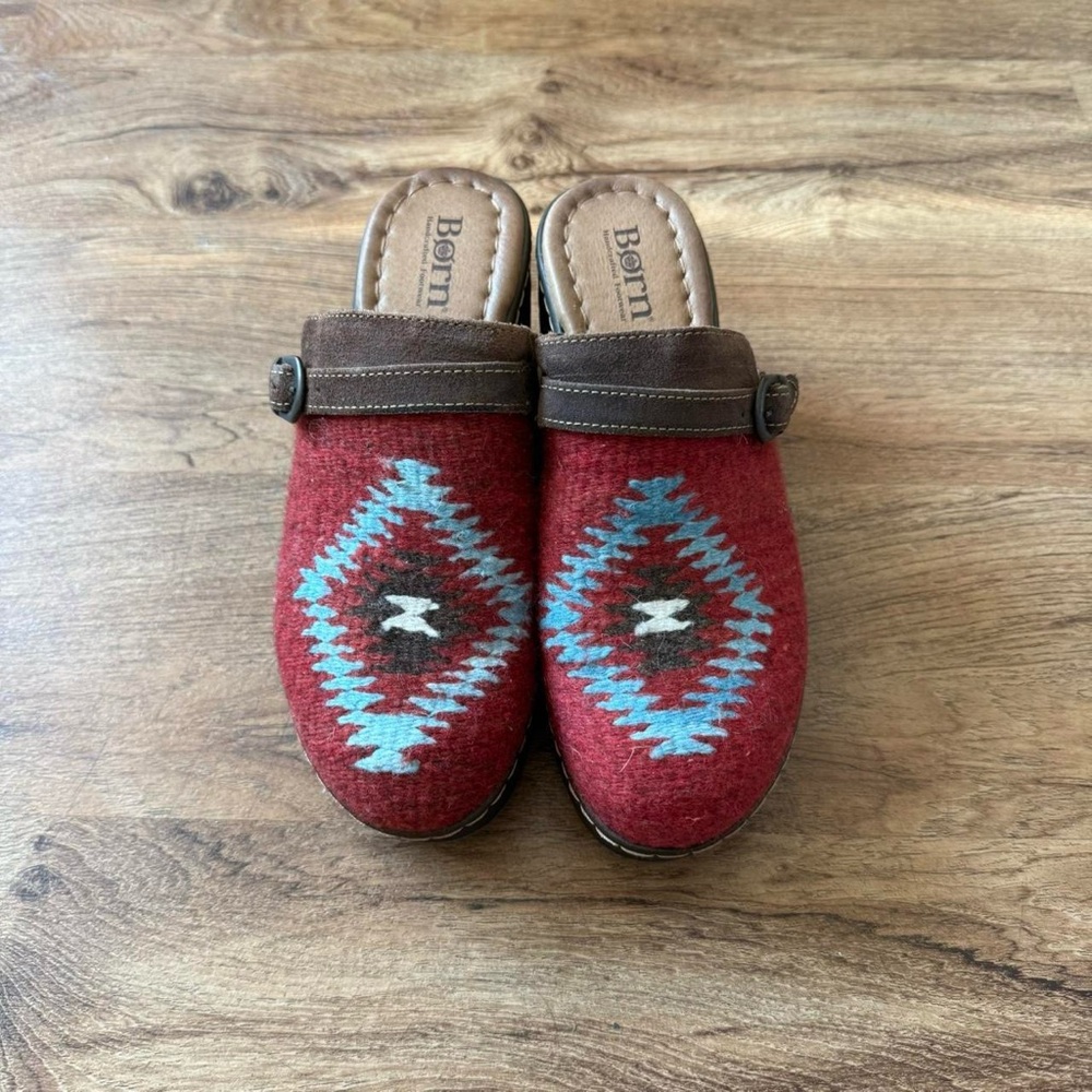 Born Red Wool Platform Clogs with Turquoise Stitching - Picture 3 of 8